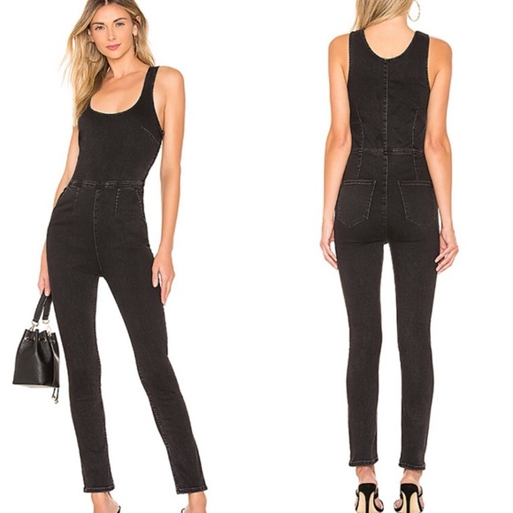 Free People Scarlett Denim Jumpsuit 4 Black Grunge Western Goth Retro Stretch - Picture 4 of 14